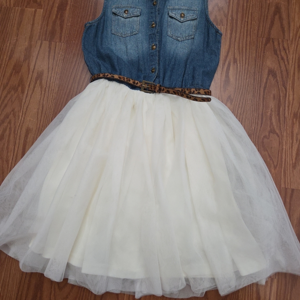 Zunie Blue Denim and Cream Tulle Dress Size 12